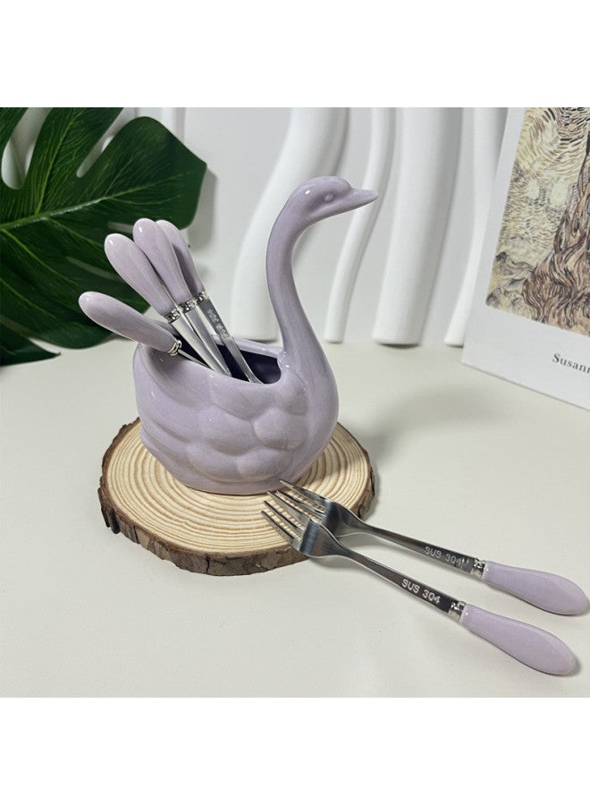 Swan 304 Stainless Steel Fruit Fork Suit Ceramic Household Safety Fruit Sign Storage Cans Light Luxury Premium Sense-Specifications:Purple Swan + 6 Prongs - Image 3