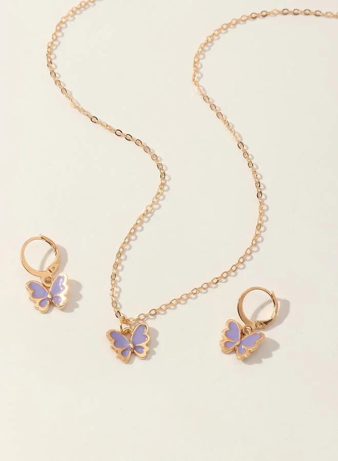 Girls Purple Butterfly Pendant Necklace and Earrings Set