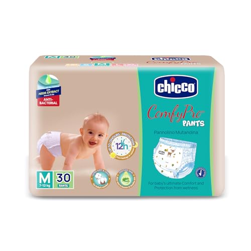 Chicco Comfy-Pro Pant Style Baby Diapers | Anti-bacterial benefits | Ultra Soft & 12hrs protection | Wetness indicator & Disposing Tapes - Medium, 30 Count, 7-12 Kg - Image 1