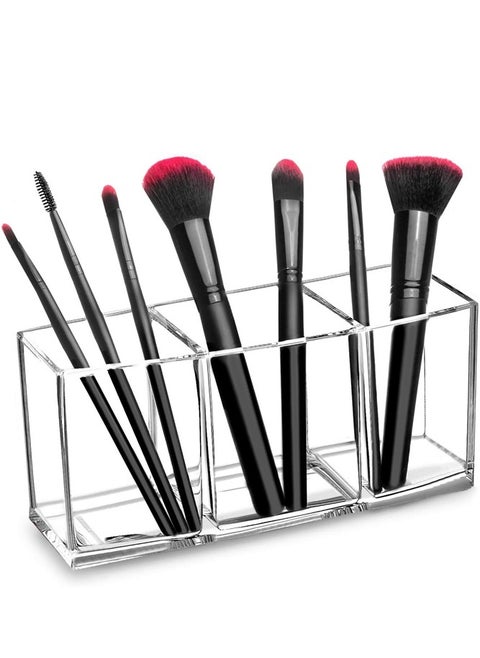 3-Slot Acrylic Makeup Brush Holder – Stylish Organizer for Vanity, Bathroom, and Office Table