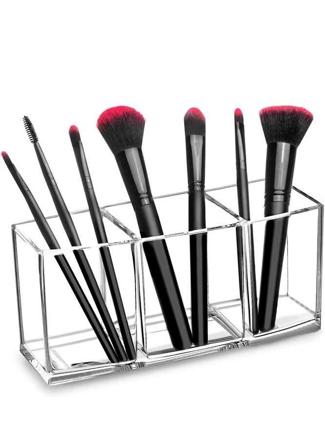 3-Slot Acrylic Makeup Brush Holder – Stylish Organizer for Vanity, Bathroom, and Office Table