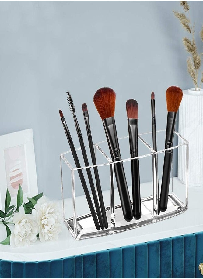 3-Slot Acrylic Makeup Brush Holder – Stylish Organizer for Vanity, Bathroom, and Office Table
