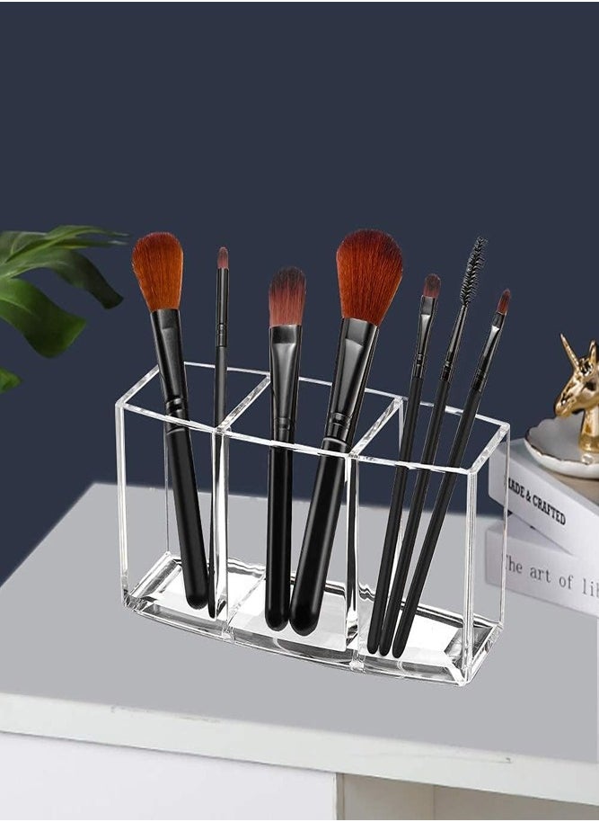 3-Slot Acrylic Makeup Brush Holder – Stylish Organizer for Vanity, Bathroom, and Office Table