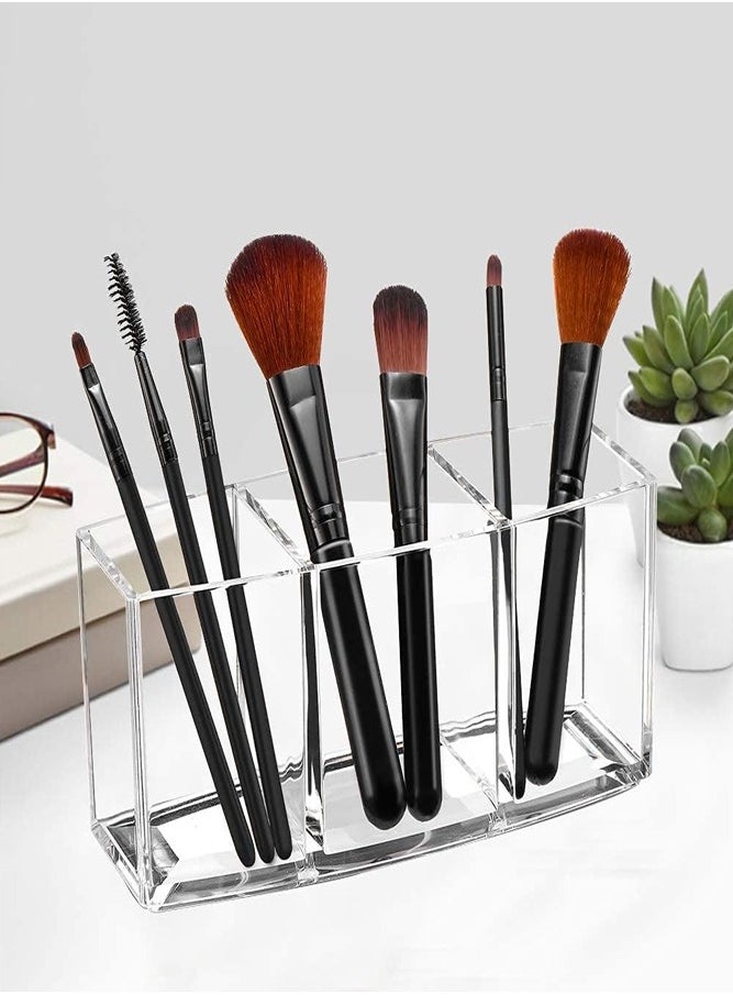 3-Slot Acrylic Makeup Brush Holder – Stylish Organizer for Vanity, Bathroom, and Office Table