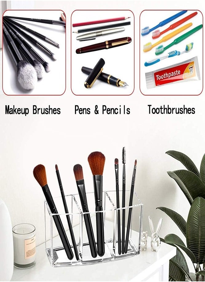 3-Slot Acrylic Makeup Brush Holder – Stylish Organizer for Vanity, Bathroom, and Office Table