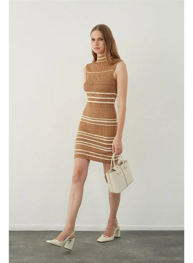 Sherin Camel-Ecru Straight-Collar Sleeveless Knit Dress.
