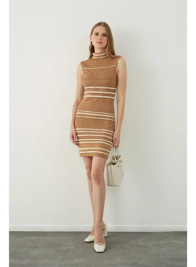 Sherin Camel-Ecru Straight-Collar Sleeveless Knit Dress.