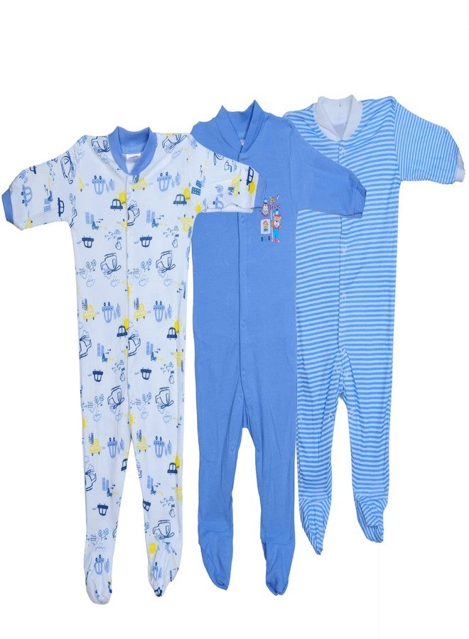 TiniBerry New Born Baby Multi-Color Long Sleeve Cotton Sleep Suit Romper for Boys and Girls Set of 3 (0-3 Months, Light Blue) (Baby Romper) - Image 1