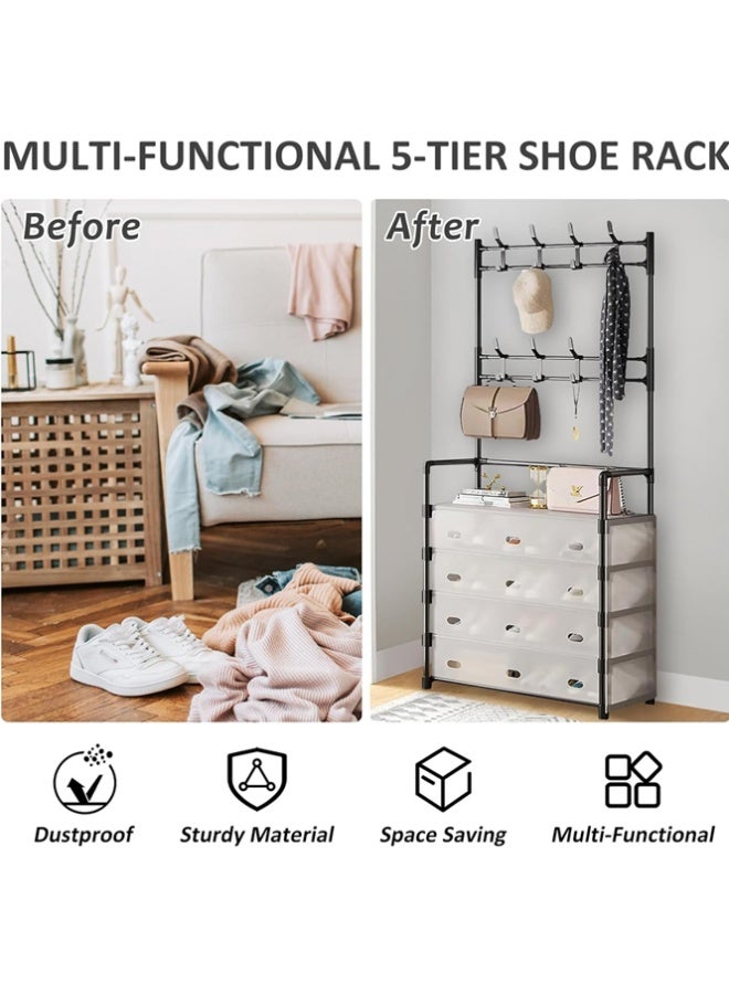 BLOOMING TIME 5-Tier Fully Enclosed Dustproof Shoe Rack + Coat Rack, with Hooks, Multi-Layer Shoe and Hat Rack, Shoe Rack Organizer, Entryway/Bedroom Shoe and Hat Rack - Image 5