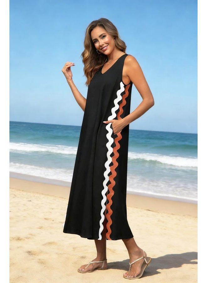 utcoco Women's Summer Beach Boho Linen Dress Casual Sleeveless V Neck Side Slit RIC Rac Tank Dress, Black, L - Image 3