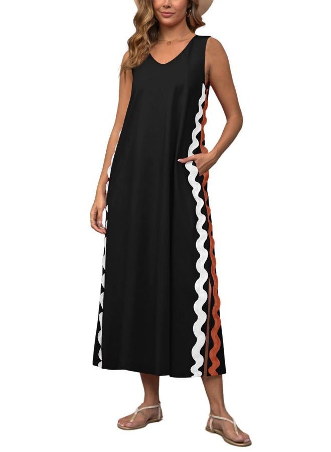 utcoco Women's Summer Beach Boho Linen Dress Casual Sleeveless V Neck Side Slit RIC Rac Tank Dress, Black, L - Image 1