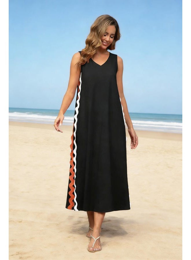 utcoco Women's Summer Beach Boho Linen Dress Casual Sleeveless V Neck Side Slit RIC Rac Tank Dress, Black, L - Image 2