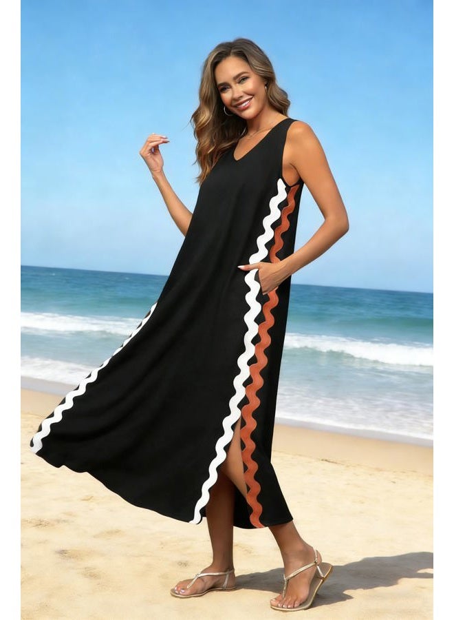 utcoco Women's Summer Beach Boho Linen Dress Casual Sleeveless V Neck Side Slit RIC Rac Tank Dress, Black, L - Image 5