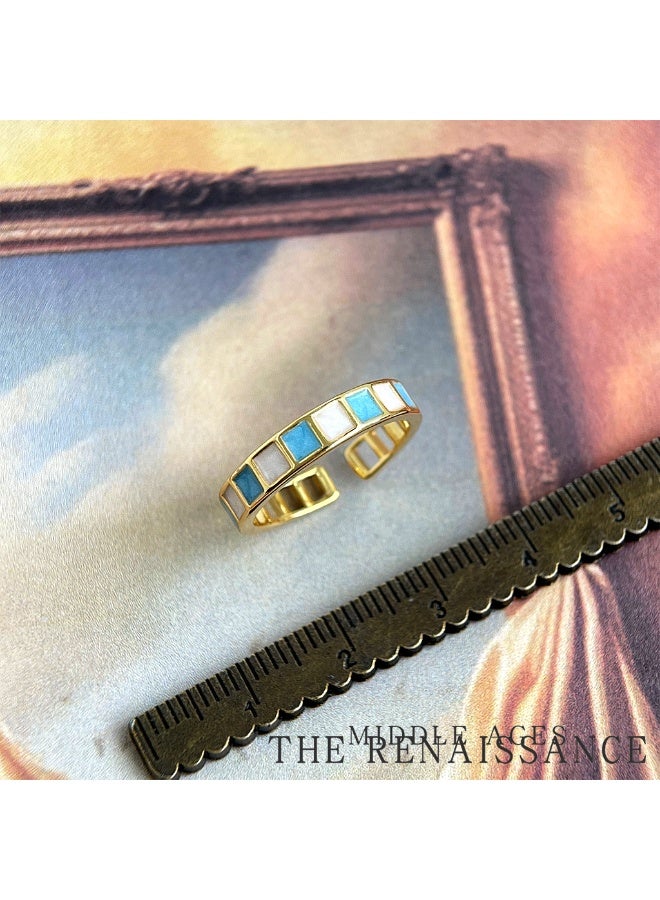 Cyan Glaze Sugar Cube】Medieval Vintage Contrast Color Square Ring 18K Gold Plated Open Adjustable Light Luxury Stackable Ring - Image 3