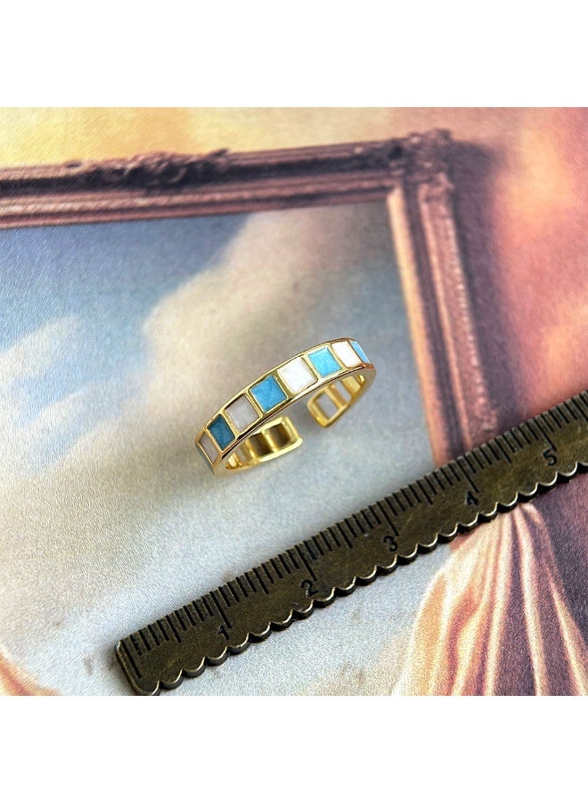 Cyan Glaze Sugar Cube】Medieval Vintage Contrast Color Square Ring 18K Gold Plated Open Adjustable Light Luxury Stackable Ring - Image 4