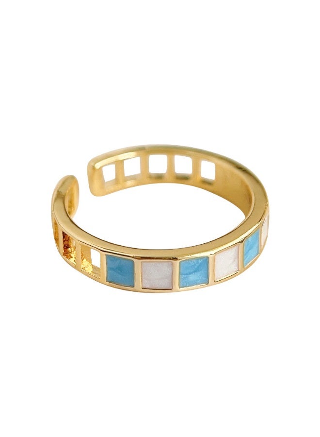 Cyan Glaze Sugar Cube】Medieval Vintage Contrast Color Square Ring 18K Gold Plated Open Adjustable Light Luxury Stackable Ring - Image 5