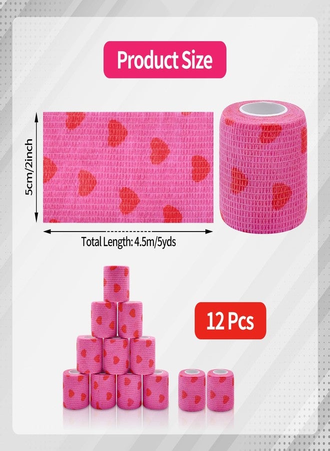 Kreyfer 12 Roll 2 Inch x 5 Yards Heart Print Pet Vet Wrap for Dogs Cats, Cohesive Bandages in Bulk, Pink Non-Woven Self Adhesive Bandage Wrap Rolls for Pet Animals Wound Care, Ankle Sprain and Swelling - Image 2