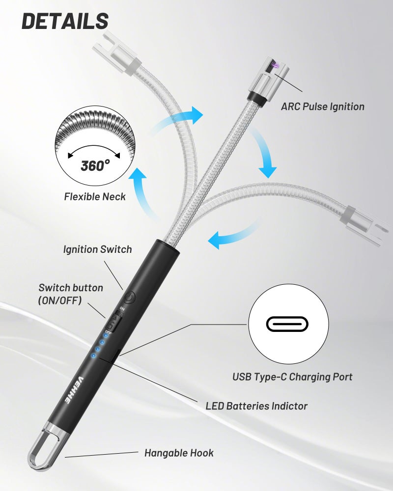 VEHHE Candle Lighter, Electric Rechargeable Arc Lighter with LED Battery Display Long Flexible Neck USB Lighters for Light Candles Gas Stoves Camping Barbecue - Image 2