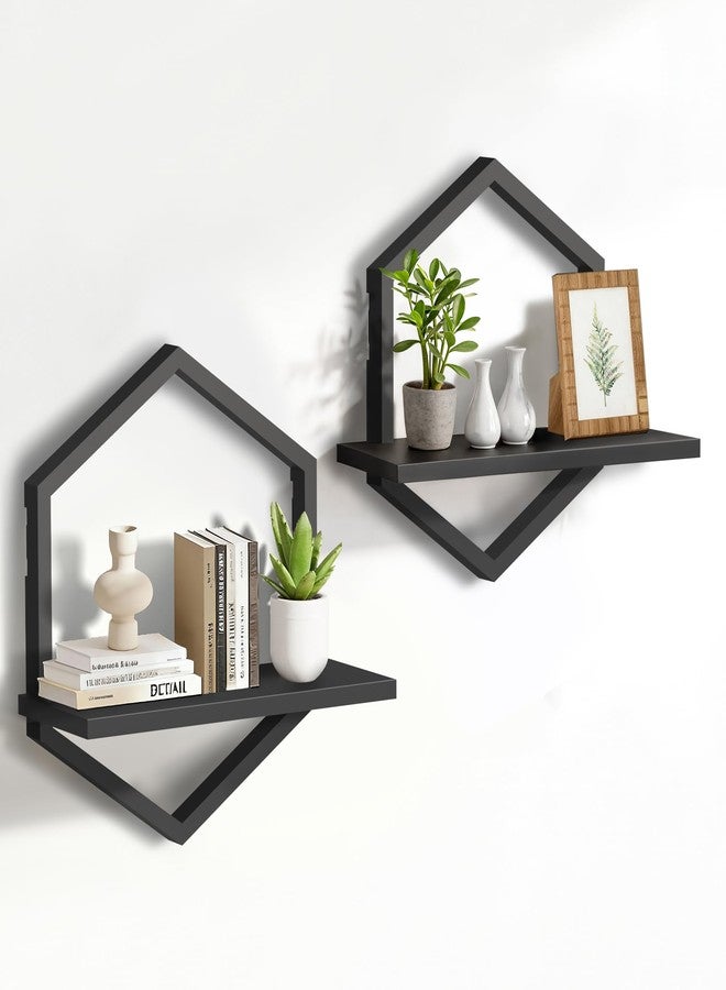 KALYLOC Floating Shelves, Hexagon Wall Shelves, Set of 2 Wall Shelf for Plants Decorative Wall Mounted Shelves for Living Room Bedroom Bathroom Home Office Kitchen, Black Wood - Image 1