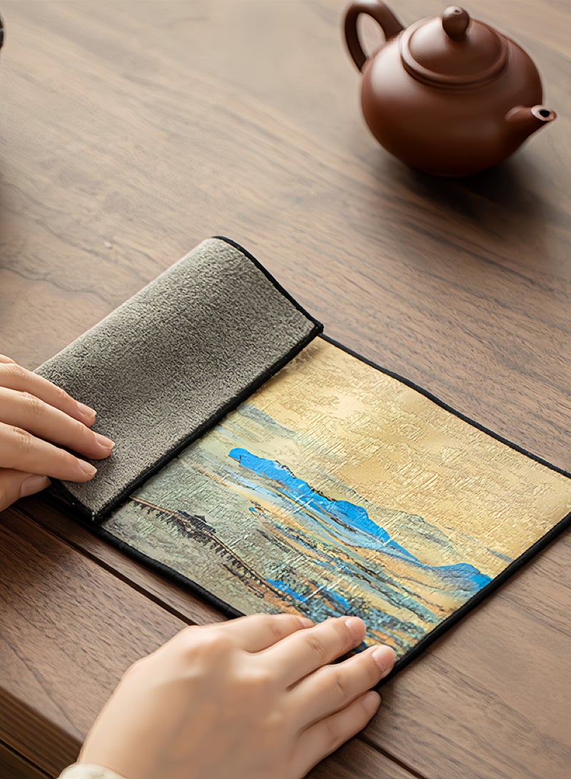general Chinese style retro absorbent tea towel tea set tea tablecloth tea coaster tea mat tea cloth strong absorbent dry foam towel home office kung fu tea set artistic landscape painting - Image 3
