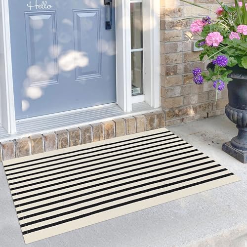 KILOCOCO Beige Striped Rug 2.3'x3.6' Indoor Outdoor Rugs Front Door Mat Hand Woven Cotton Washable Striped Layered Doormats for Front Porch/Kitchen/Farmhouse/Entryway/Patio - Image 1