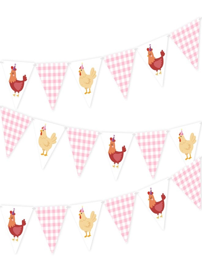 umoni Chicken Themed Pennant Banners Chicken Birthday Party Decorations 2PCS Pink Checkered Chicken Banner Barnyard Farm Animal Theme Baby Shower Decor for Girls Little Chick Bday Supplies - Image 1