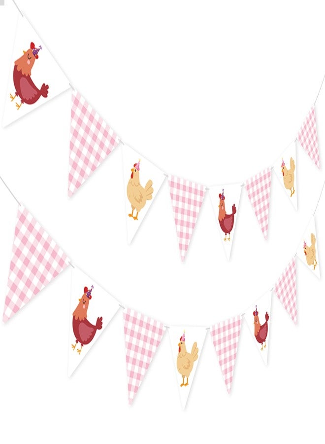umoni Chicken Themed Pennant Banners Chicken Birthday Party Decorations 2PCS Pink Checkered Chicken Banner Barnyard Farm Animal Theme Baby Shower Decor for Girls Little Chick Bday Supplies - Image 2