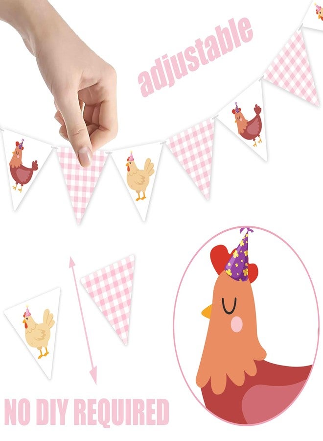 umoni Chicken Themed Pennant Banners Chicken Birthday Party Decorations 2PCS Pink Checkered Chicken Banner Barnyard Farm Animal Theme Baby Shower Decor for Girls Little Chick Bday Supplies - Image 3