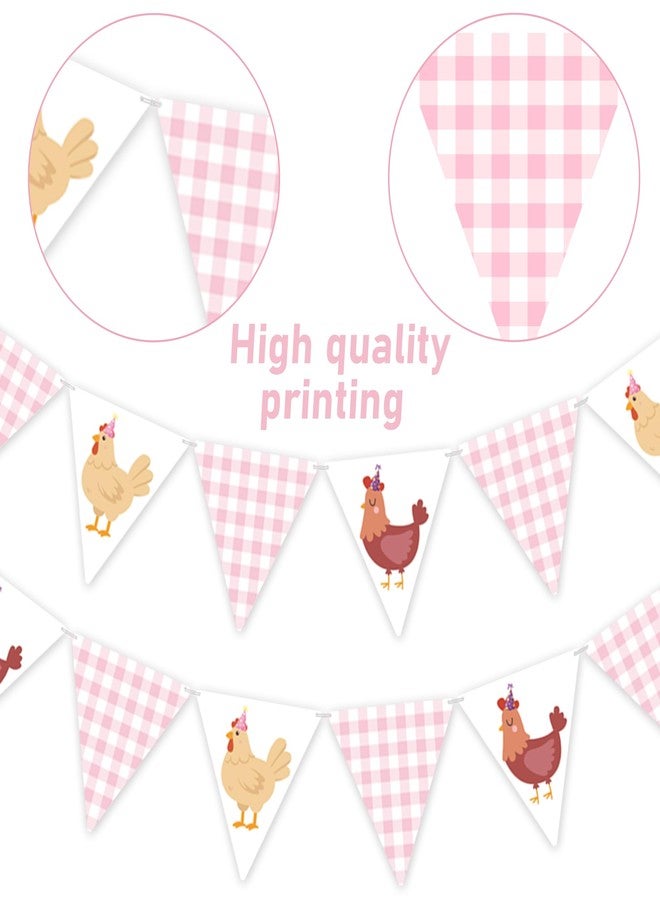 umoni Chicken Themed Pennant Banners Chicken Birthday Party Decorations 2PCS Pink Checkered Chicken Banner Barnyard Farm Animal Theme Baby Shower Decor for Girls Little Chick Bday Supplies - Image 4