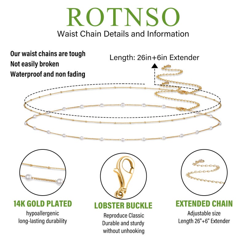 Rotnso 14K Gold Plated Body Chains Dainty Boho Layered Beach Waist Pearl Bead Chain Adjustable Bikini Belly Chain Jewelry Accessories for Women Sexy - Image 3