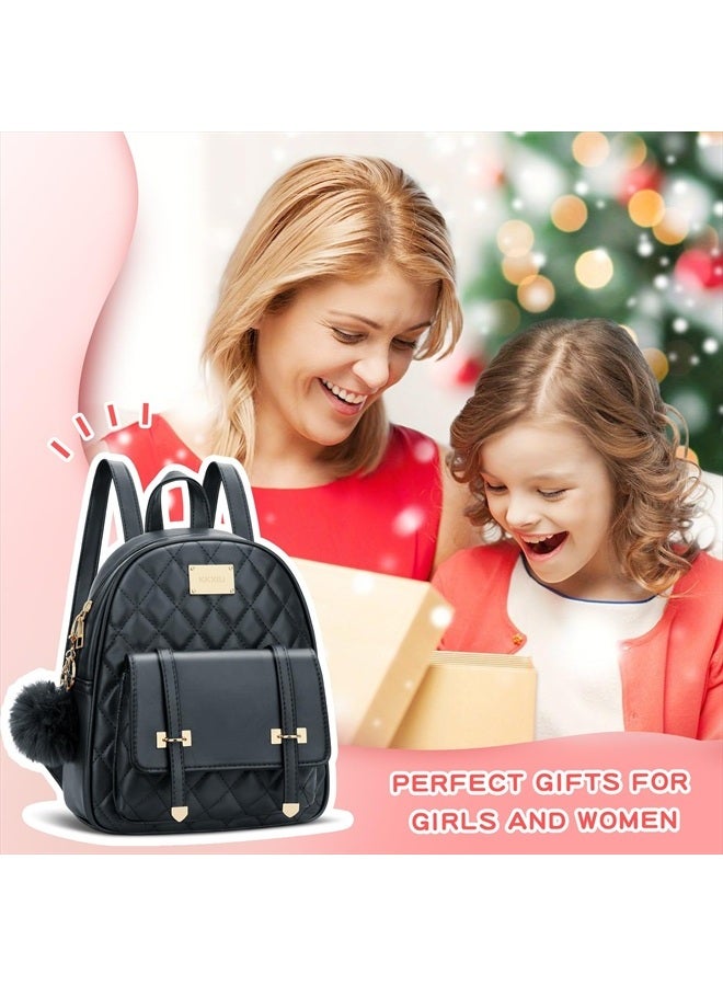 kkxiu Girls Small Backpack Purse Vegan Leather Quilted Mini Daypack for Women Trendy Bookbag (Black) - Image 2