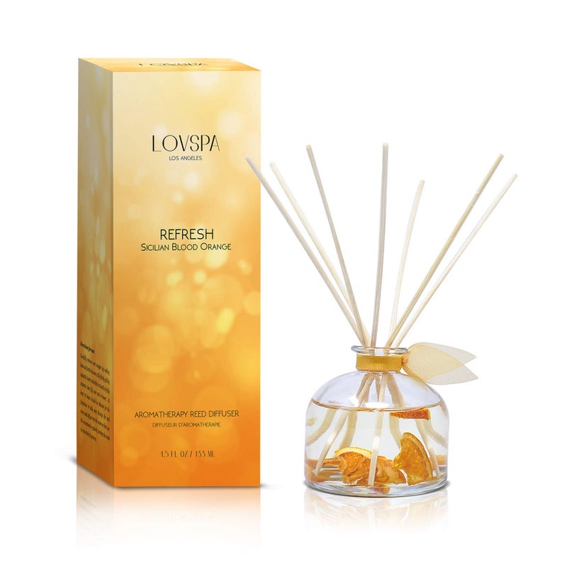 LOVSPA Refresh Sicilian Blood Orange Citrus Essential Oil Reed Diffuser Set with Real Orange Pieces Aromatherapy Fragrance Room Air Freshener