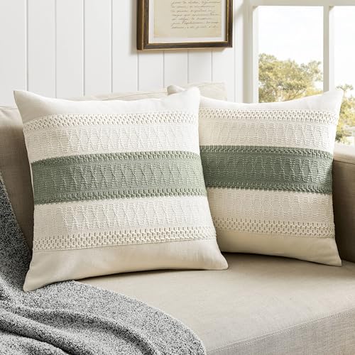 ZeeMart 2 Packs Cotton Boho Throw Pillow Covers 18x18 Inch Contrast Green, Soft Farmhouse Decorative Couch Pillow Cases Sage Green Cushion Covers for Sofa Bed Living Room Home Decor - Image 1