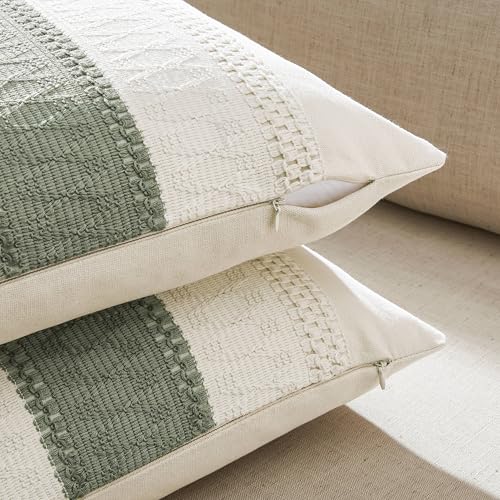 ZeeMart 2 Packs Cotton Boho Throw Pillow Covers 18x18 Inch Contrast Green, Soft Farmhouse Decorative Couch Pillow Cases Sage Green Cushion Covers for Sofa Bed Living Room Home Decor - Image 3