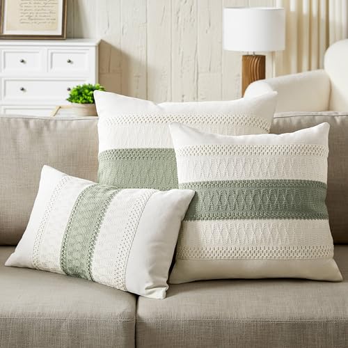 ZeeMart 2 Packs Cotton Boho Throw Pillow Covers 18x18 Inch Contrast Green, Soft Farmhouse Decorative Couch Pillow Cases Sage Green Cushion Covers for Sofa Bed Living Room Home Decor - Image 5