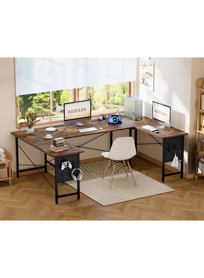 Pamray 71 Inch Large Computer Desk with Power Outlets,U Shaped Corner Desk for Home Office Work and Gaming Vintage - Image 2