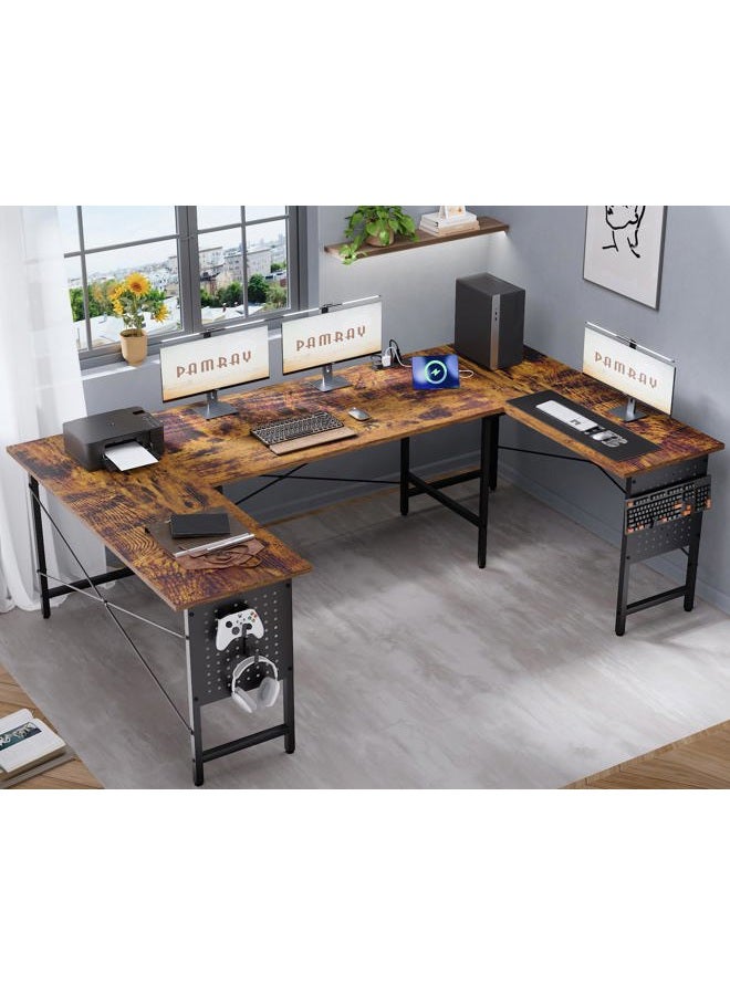 Pamray 71 Inch Large Computer Desk with Power Outlets,U Shaped Corner Desk for Home Office Work and Gaming Vintage - Image 1