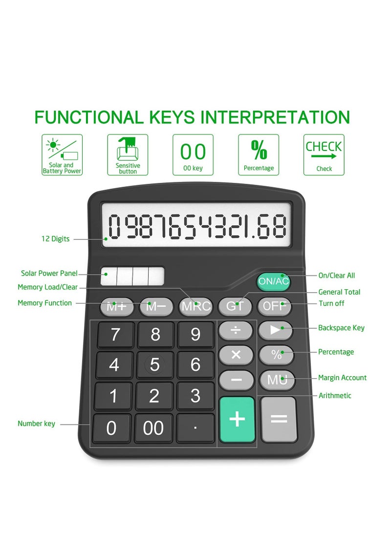2 Pack Standard Function Calculator, Solar & Battery Power 12 Digit Display Big Button Desktop Calculators, Suitable for Home and Office (Black) - Image 2