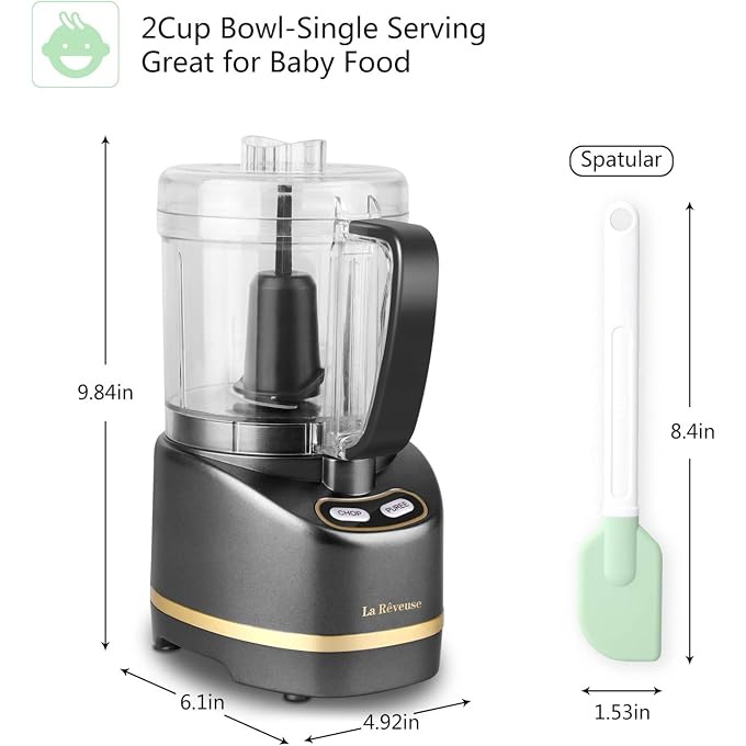 La Reveuse 2 Cup Mini Food Processor, Electric Chopper Small, Metallic Grey | for Mincing, Chopping, Grinding, Blending, Puree, 2 Pulse Speeds, Dishwasher Safe, (1) Spatula Included, 200 Watts, LARB1814B - Image 3