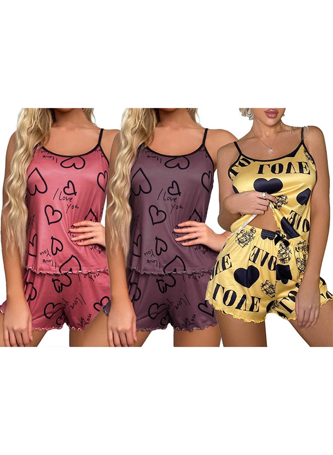 MARGOUN 3 Pack Women's XXL Size 2 Pieces Heart Graphic Print Satin Lounge Set Sleeveless Binding Trim Cami Top and Shorts Pajama Set /XXL Bust:106cm Waist: 90cm Pants Length: 35cm - Image 3