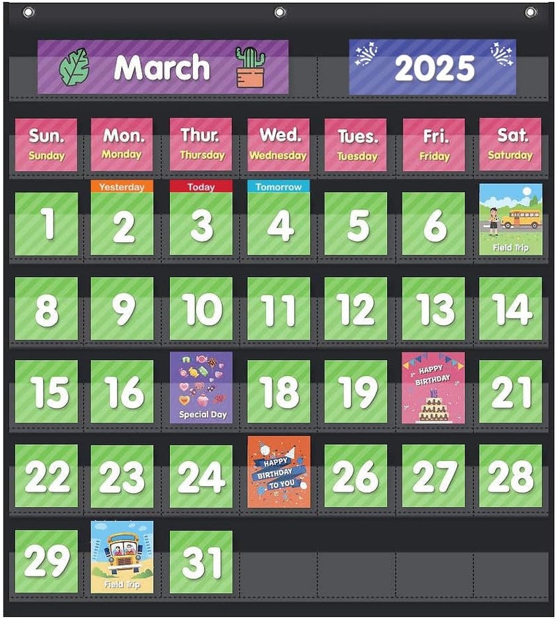 Eamay Classroom Monthly Calendar Pocket Chart with 71 Cards for Kids Learning for Home,Homeschool Supplies and Classroom Must Haves!(Black) - Image 1
