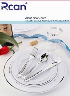 Rcan 72 Pcs/set Silver Upscale Wedding Dining Party Disposable Plastic Cutlery Set, Party Supplies Plate, Spoon, Fork, Knife, Cup, Party Tableware (12 Guest)  - Image 4