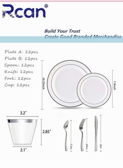 Rcan 72 Pcs/set Silver Upscale Wedding Dining Party Disposable Plastic Cutlery Set, Party Supplies Plate, Spoon, Fork, Knife, Cup, Party Tableware (12 Guest)  - Image 2