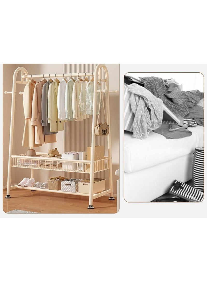 AIWANTO 150CM Freestanding Metal Clothes Rack with 2-Tier Open Shoe Shelf, Storage Basket & 4 Side Hooks – Premium Space-Saving Wardrobe Organizer for Clothes, Bags & Accessories (Cream, 170×150×40cm)  - Image 5