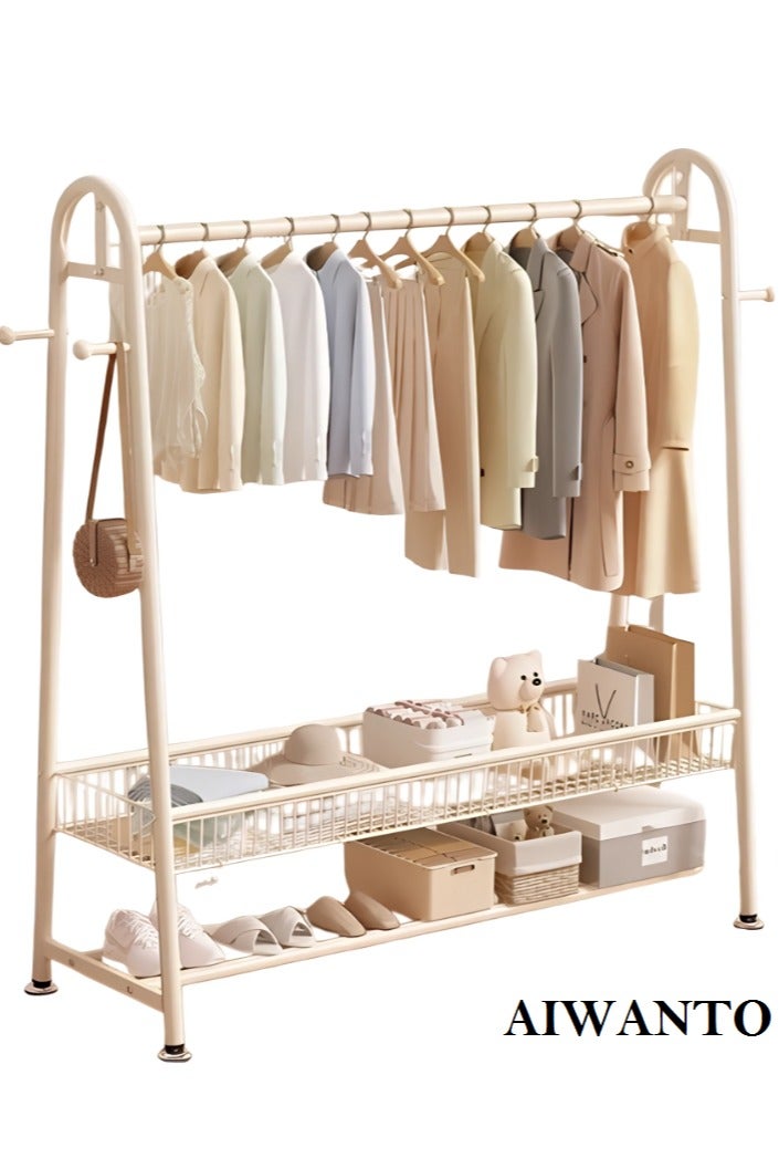AIWANTO 150CM Freestanding Metal Clothes Rack with 2-Tier Open Shoe Shelf, Storage Basket & 4 Side Hooks – Premium Space-Saving Wardrobe Organizer for Clothes, Bags & Accessories (Cream, 170×150×40cm)  - Image 1