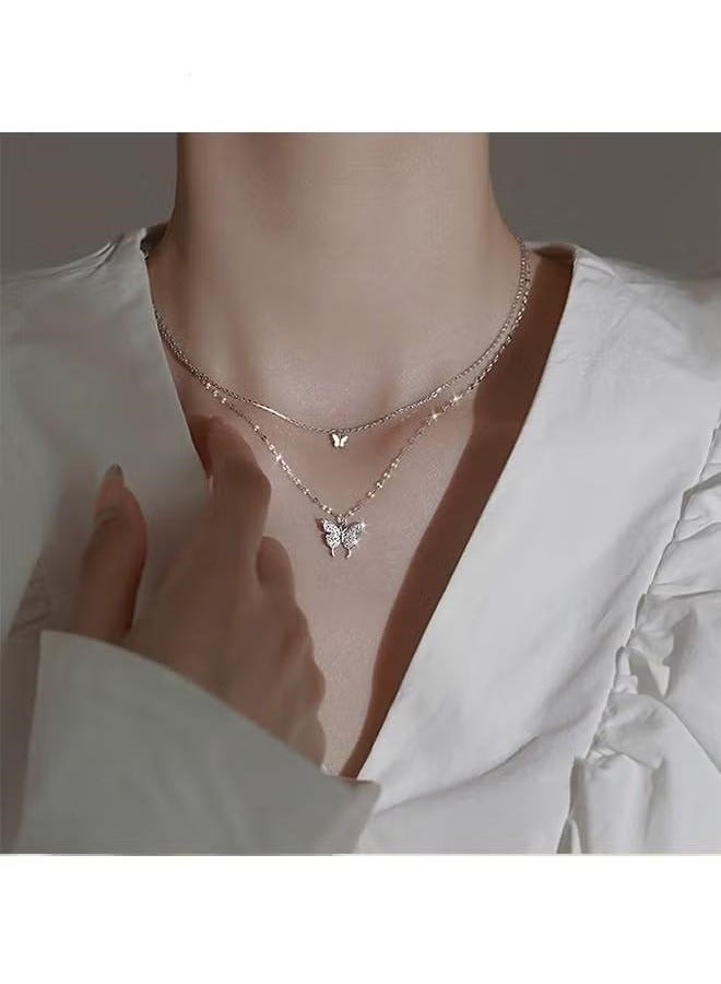 Lady Butterfly Necklace, Layered Butterfly Pendant Necklace Simple Butterfly Necklace Lady's Minimalist Fashion Jewelry Gift for Girl (Silver)