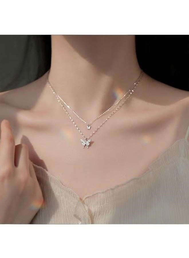 Lady Butterfly Necklace, Layered Butterfly Pendant Necklace Simple Butterfly Necklace Lady's Minimalist Fashion Jewelry Gift for Girl (Silver)