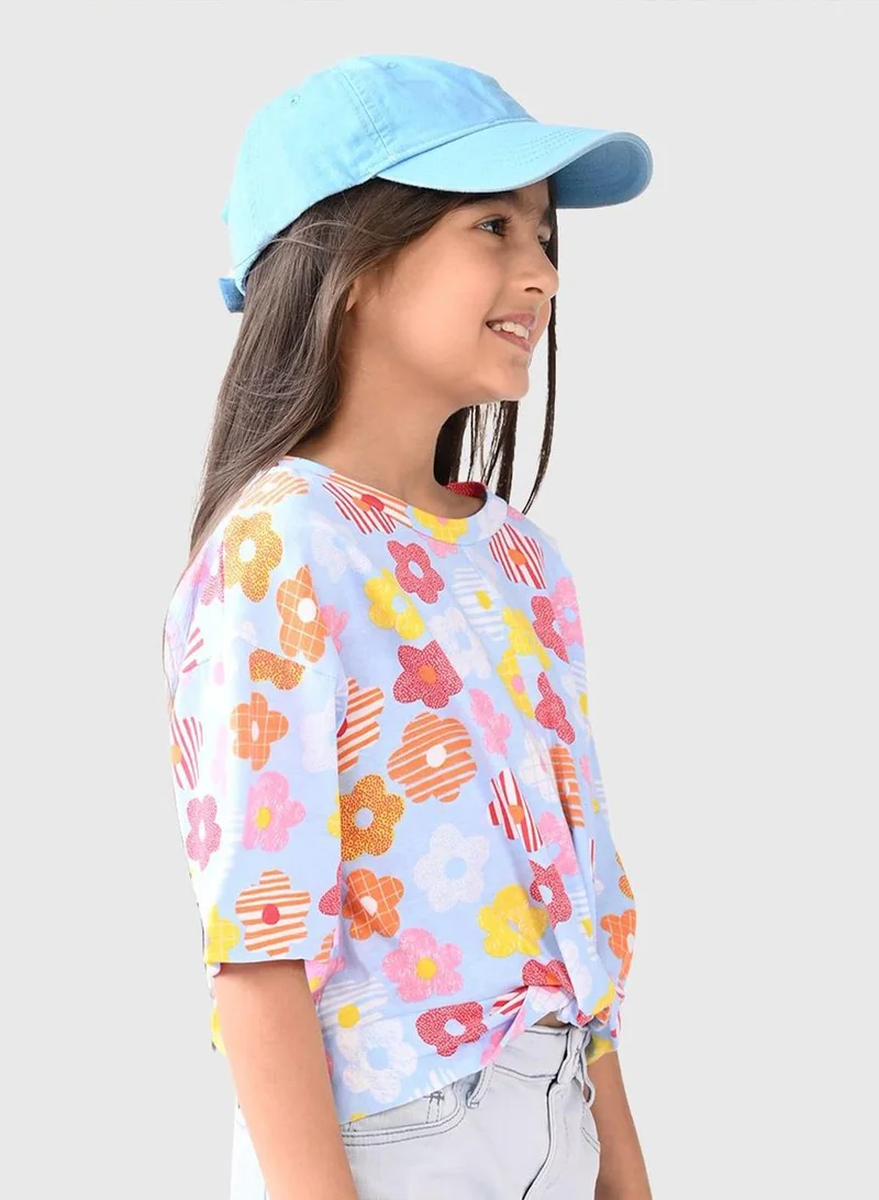 Bonkids Regular Fit Printed Blue And And And Multicoloured Cotton T-Shirt For Girls Round Neck Flat Collar Pull On 100 % Cotton
