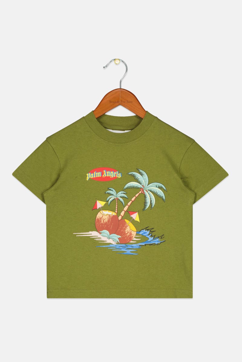 Palm Angels Toddlers Boy Crew Neck Short Sleeve Printed T shirt, Olive Combo - Image 1