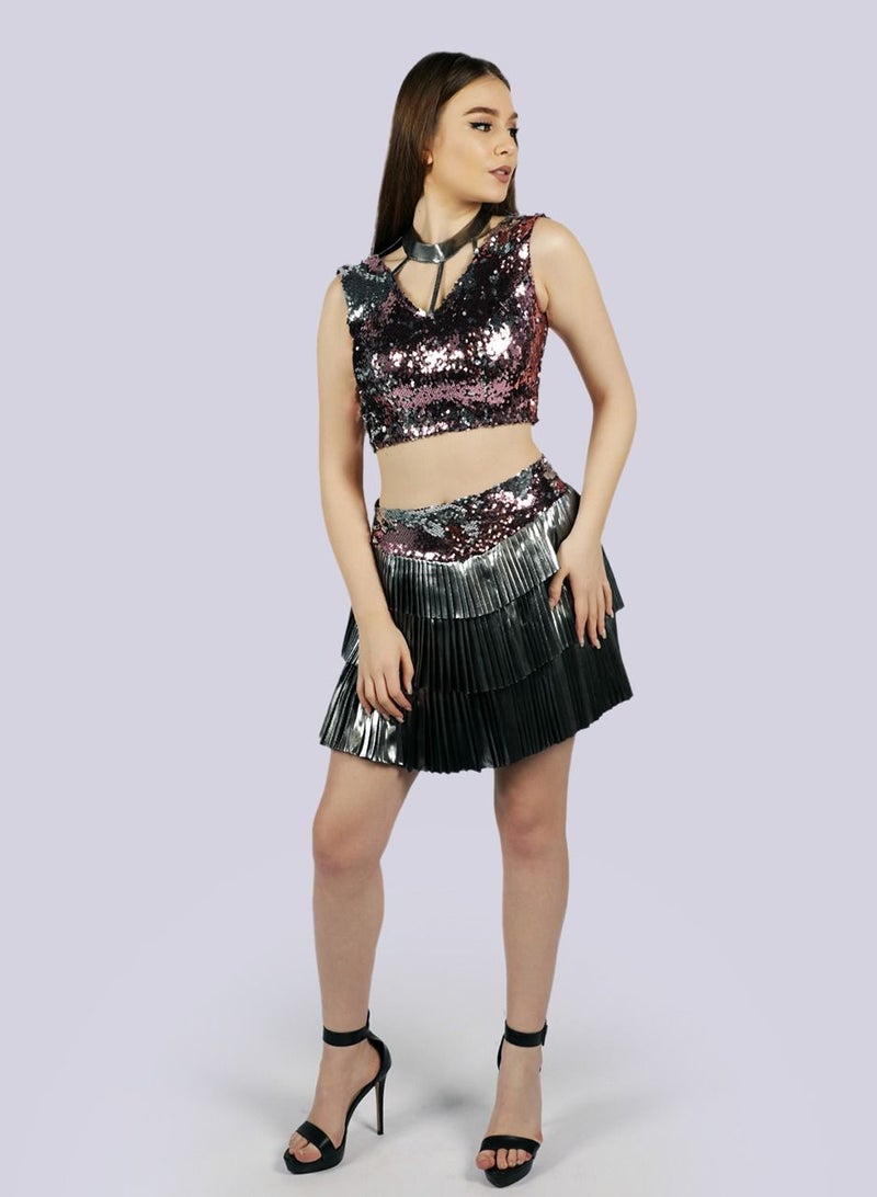 NIVA FASHION HOUSE Tantalize Metallic and Sequin Fringe Skirt and Crop Top Set  - Image 1